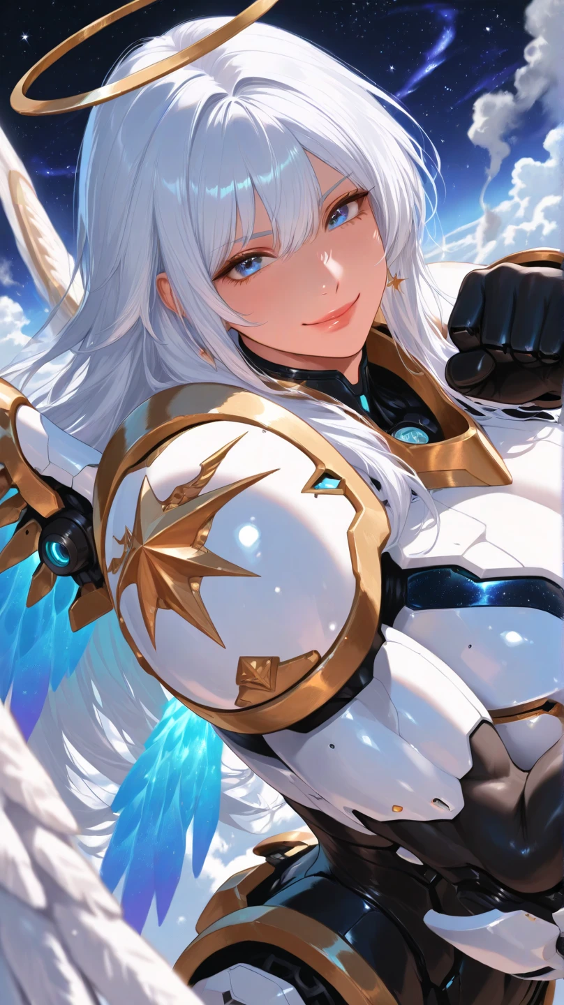 (masterpiece, Highest quality), Intricate details, Valkyrie, cute, Happy, (((smile))), Villain's Smile, Raise your hand, View your viewers, Feather Headgear, Flower meadow, Flat chest for one person, alone, Portraiture, Platinum Blonde Hair, Drooping ice blue eyes, Silver Single Thigh, White Independent Single Sleeve, gloves, Single Blade,
mecha musume, White bodysuit, Silver Reinforced Suit, Mini Feather Wing, Silver pantyhose, Full Armor, Floral decoration, Equip the sword,