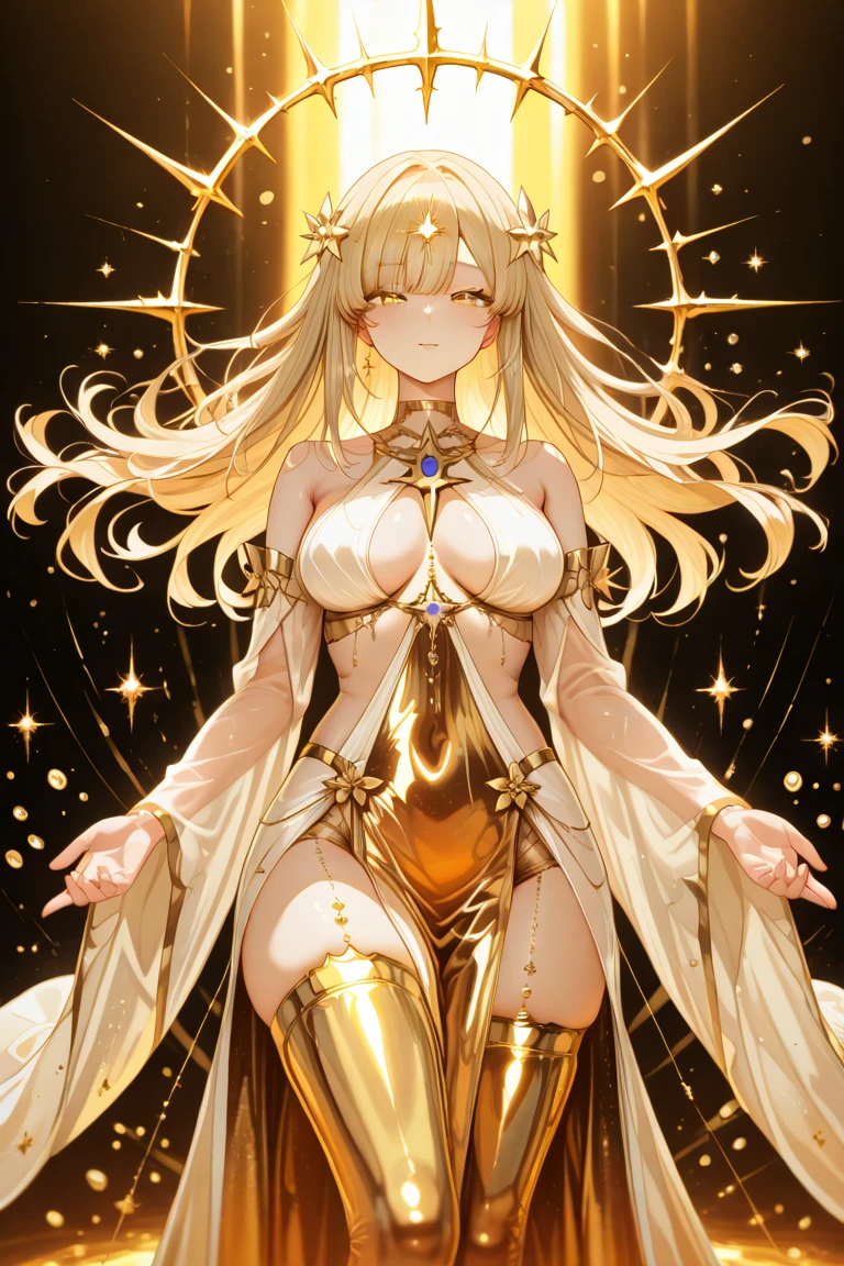 1girl, long long past her butt light blue with gold strips hair, with white and pink and gold thinnest uniform, anime, large boobs but small ass
