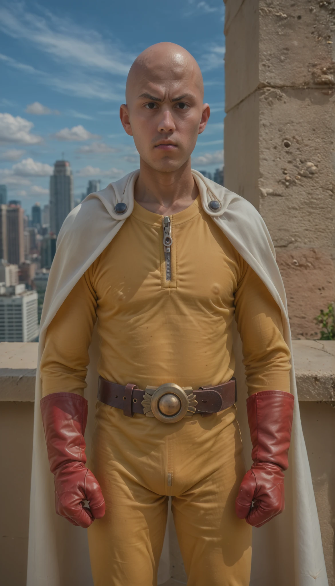 score_9, score_7_up, source_anime, cowboy shot, serious, 0pm, 1boy, bald, brown eyes, yellow bodysuit, white cape, red gloves, red boots, zipper, black belt, belt buckle, clenched hand, outdoors, blue sky, skyline,