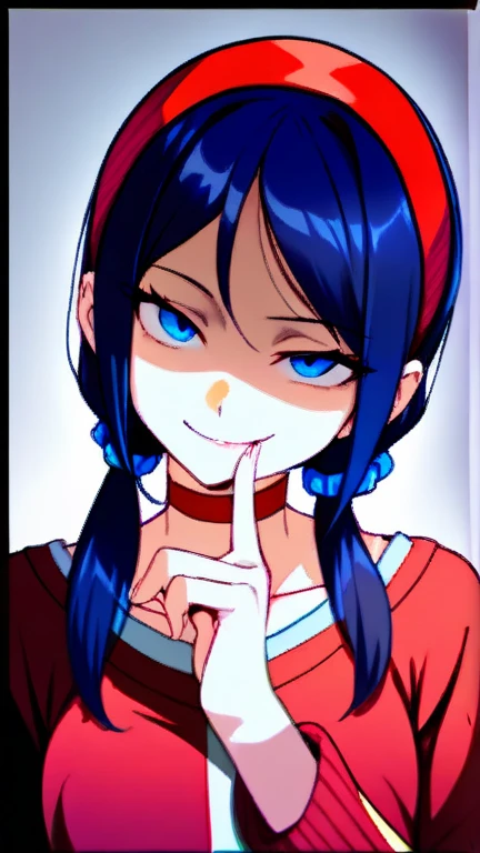 (masterpiece, best quality, high score, great score), absurdres, 1girl, mita \(miside\), miside, blue eyes, low twintails, red hairband, blue scrunchie, red hairclip, red choker, finger to mouth, beautiful finger, partially shaded face, head tilt, gesugao, smirk, upper body, dark background, dark