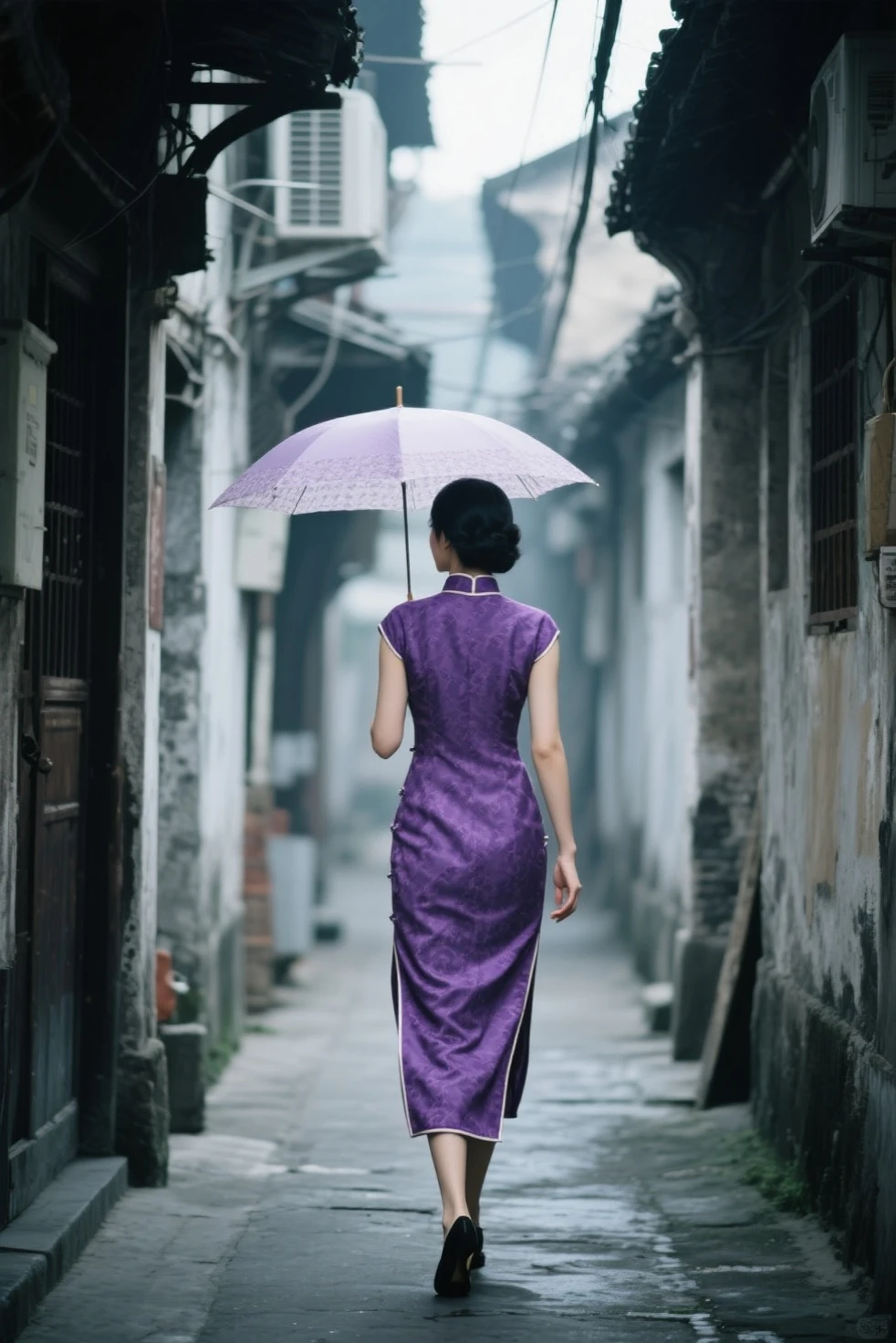 a woman wearing a purple cheongsam,Walking down the alley with an umbrella