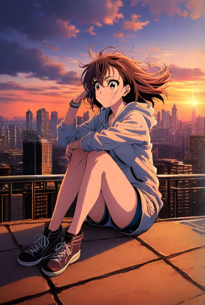 1girl, wearing a loose hoodie and shorts, sits alone on a quiet rooftop overlooking a sprawling city at dusk. Her legs dangle off the edge, wind brushing through her hair as she stares into the horizon. Anime cinematic style, with a warm glow of the digital painting medium. The scene is bathed in rich sunset rim lighting, casting soft orange and purple shadows. Emphasis on expressive atmosphere, natural posing, and cityscape details. Ultra-detailed, masterpiece, 8k resolution, cinematic focus.