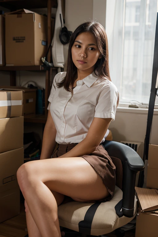 ((best quality)), ((masterpiece)), (detailed), perfect face, young sweet beautiful Indonesian girl, 25 years old, georgeus sweet face, slim body, slim thighs, beautiful big size breasts, nubian nose, descent mixed from sundanese and javanese, sweaty very messy wavy shoulder short hairs with a bangs, very shy and very humble office girl, wearing simetric messy unbuttoned thin long sleeve blazer, wearing lace sport bra under her blazer, wearing grey messy folded up knee long A-shape skirt, wearing pink lace see through panty under her skirt, wearing woman shoes, wearing belt, all very realistic, all very detail, lying down so weak unconcious on the floor in her office room alone in the morning, her head lying on the floor, sweat on all skins and hairs, she get very hard blow on her chin, limp head, she got very painful at her head, she get headache, closed eyes, get bleeding wound at her down lip, blood flowing down from her mouth and nose, get redish big swollen at her left chin, normal a couple legs shape, normal feet shape, normal fingers shape, crying in pain, grimacing in pain face,