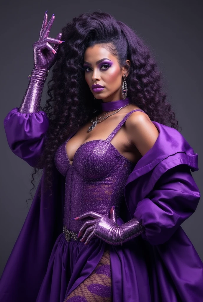 Beautiful Venus with wavy purple hair smiling super heroine leotard red scarf long gloves maroon lips tiara naked