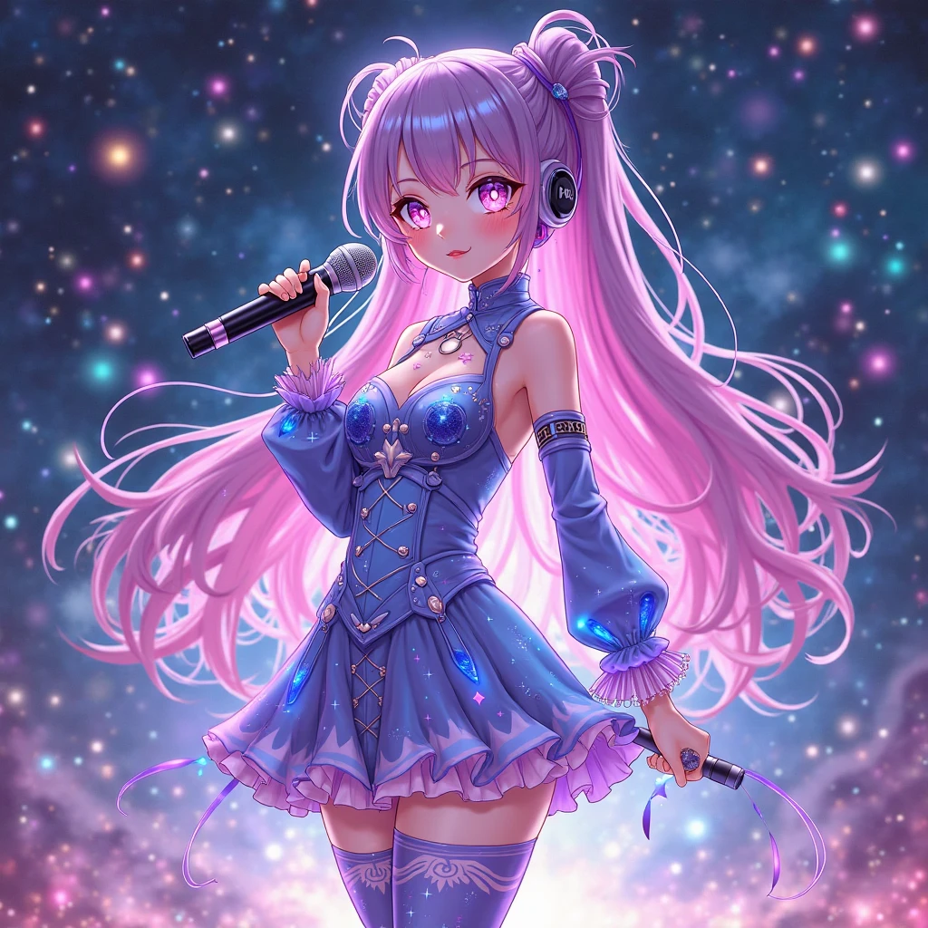 Ice Sk8er has pale brown skin and big indigo eyes. Her lips have a pale pink blush and she has pink lipstick. Her pink hair is worn up in a braid across her head, and she has a short tuft of bangs with a tiny split on the side. Her hair is covered in glitter, along with her now dark blue eyes. Her blush is more pink in color, and on her head is a glittery pair of light pink furry earmuffs. She wears a metallic pale blue one-piece covered in dot print with a glittery, light pink ruffled trim and shoulder straps. Around her waist is ruffled, glittery layered fabric alternating between light pink and magenta. She also wears white tights with light pink dot print and glittery turquoise ice skates. SPARKLE; GLITTER