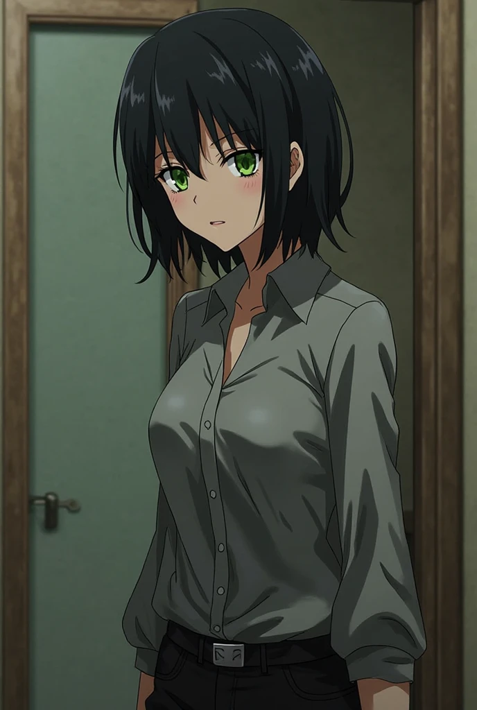 masterpiece, best quality, tomoko, tomoko kuroki, watamote, 1girl, solo, white shorts, long sleeves , sitting, campfire, warm lighting , , annoyed, head tilt, looking to the side, gigantic breasts, breast focus, boob window, bare breasts, arms at side, arms behind back, Detailed face, Detailed green eyes, Detailed face, green eyes, perfect eyes, perfect face, nude