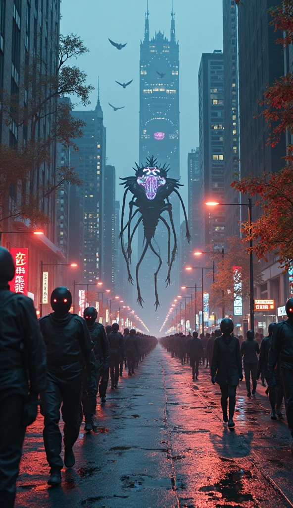 People running away from eerie creatures floating in the sky in the middle of a city.