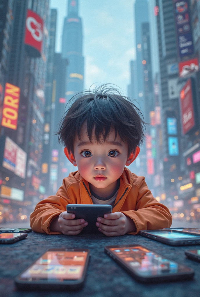Boy playing free fire sitting on a piece of furniture right in front of a motorcycle and two people wearing glasses sitting at a table using two phones