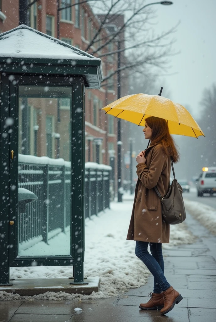 Snowy Days，Commercial Street，The back of a beautiful twenty-something，Holding an umbrella，Looking into the distance sadly。