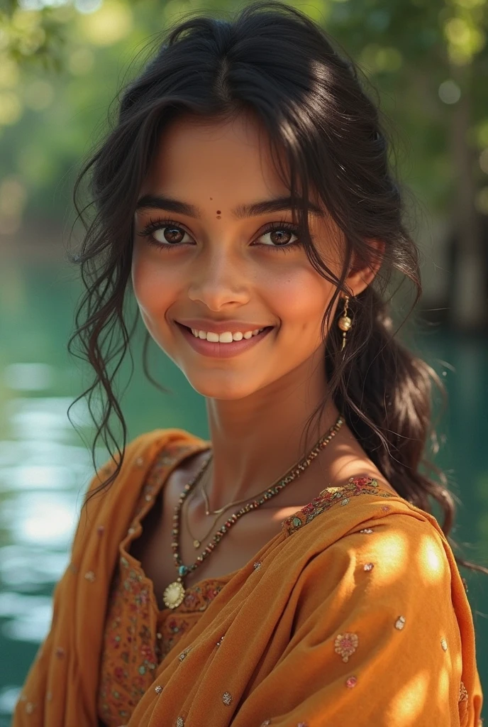 Young Indian naked girl with wheatish complexion, wearing nothing, showing pussy, firm breasts, lustful and inviting smile, naked girl living in a jungle
