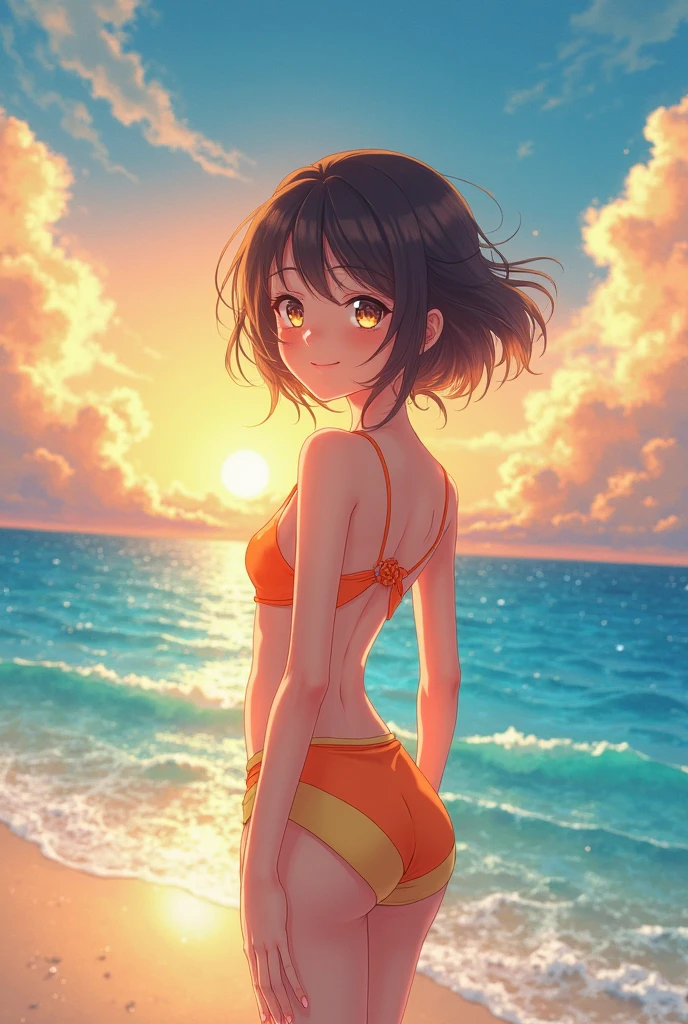 Haruhi suzumiya, digital art, swimsuit, outdoors, beach, sunset, bikini