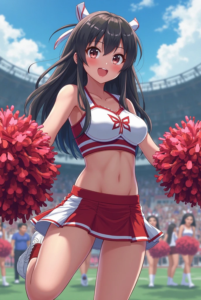 ultra-detailed,(masterpiece:1.2) , (best quality:1.2) , (ultra-detailed:1.2), 2.5D,extremely detailed,, an anime girl,dark black hair,long hair,two side up,BREAK,black eyes,BREAK,hair ribbon,swept bangs,hairpin,stadium,cheerleader,costume,smile,:d,dynamic action,small breasts,paty shot
