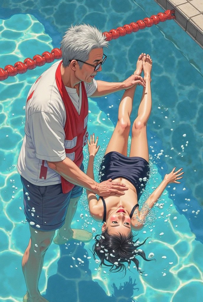 Overwatch, One old man Reinhardt and one young D.va, age gap, age difference, giant tall size, old man 70, long beard white, swimsuit, face smile, hairy body, naked, big long penis erect, cumming, he carries his girlfriend strongly with both hands, kissing mouths loves, ass fuck positions, sexy young girl 18, size tiny and skinny, a little pregnancy, face embarrassing blushed, in comfort sitting position for sex, one old man, one young girl, naked, nsfw, on swimming pool.