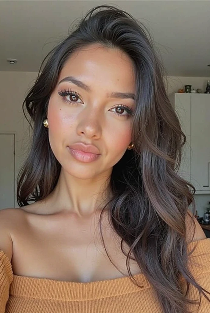The image shows a young woman, Brazilian Latin, brunette woman in an indoor environment, captured in a selfie style. she has long hair, smooth and dark brown, and is wearing a light pink top with a deep V-neck. The environment appears to be a modern and well-lit place., with ceiling lights visible in the background. The woman has a confident and serene expression, with one hand touching her hair. Her makeup is soft, highlighting your natural eyes and lips. The light in the image is bright and neutral., highlighting the details of your face and hair. ultra high definition, 8k, ultra sharp focus, ultra high quality model, soft lighting, film photography, Analog photography, Hyper-Realism,, ((sharpy face, face detailed, lifelike face, skin natural, realisic skin, skin detailed, pores, detailedeyes, realisticeyes))