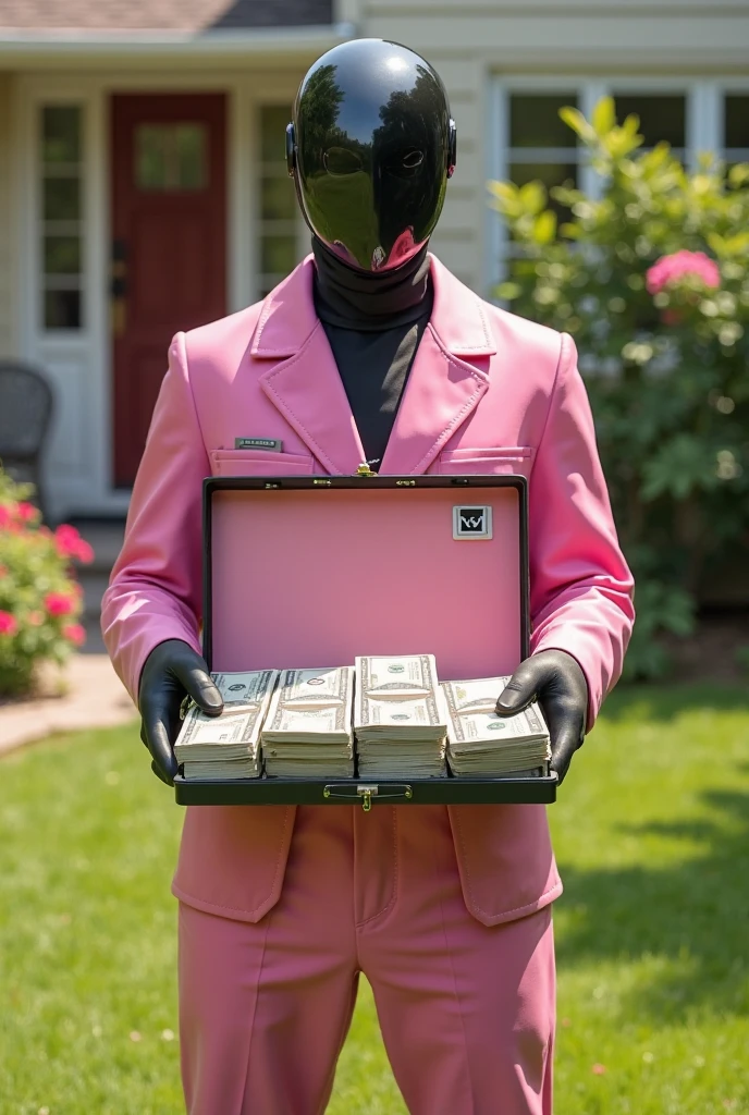 a man in a pink suit is putting a box into a mailbox