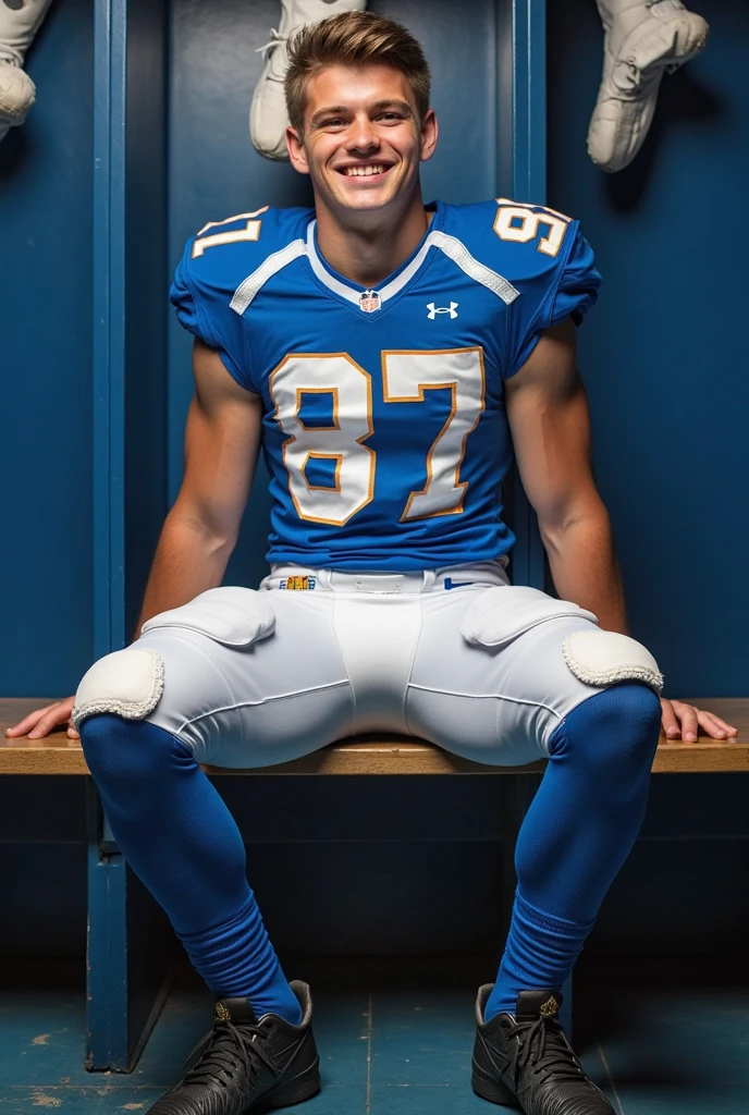 In an American football locker room, (sitting on a locker room bench), legs spread open, teenJake, muscular JakeAndrews is a (American football player) wearing (((blue color jersey))), ((shoulder pads)), ((jersey number 90)), (((blue football pants and pads))), ((gray socks)), (long socks), (white sneakers), sandy blonde hair, slight smile, highly detailed, sharp focus, high skin detail, photorealistic, masterpiece, (((full body portrait))), (full body), wide angle, (high face detail), <lora:JakeAndrews:0.75>