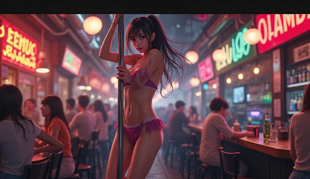 ((tifa)),((finger in mouth)),(dancing on table),(strip_club_venue, strippers in background), ((mature female)),Thick body,((Solo)),(((completely naked))),(((very see-through cheongsam))),((pink areola)), ((Blush)),((cameltoe)),((public_hair)), MILF, trending on artstation, intricate face details, (Curvy physique), vibrant, 4K, 12k resolution, on her knee
