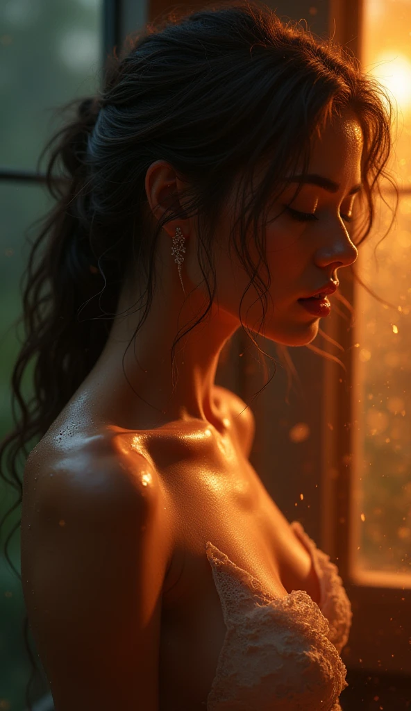 Naked Woman Side view,sketched look,cinematic,broken Glass overlay,fire Lights effects