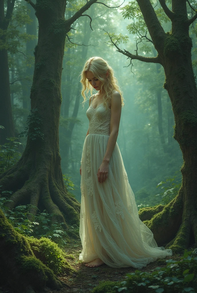 In a surrealist tableau, the captivating young woman poses elegantly in an ethereal forest glade, her gown of delicate whitelace shimmering like moonlight against moss-covered roots that crisscross the scene; her hair, cascading wild tendrils down to waist, seems to meld with dense foliage above her as if wood nymph born forest itself. Camera angle low slightly off center, draws eyes upwards along graceful form tranquil serene face, lost dreamy reverie both tranquility longing; soft diffused light filters through canopy overhead casts dappled shadows across features adding air mystery image. Background awash rich greens forest, punctuated by splashes vibrant wildflowers seem glow dim light while babbling brook ripples gently behind her, suggesting fleeting nature her reverie and transience beauty itself. Myra <lora:yiiwhr18fb653bce9ua:1>