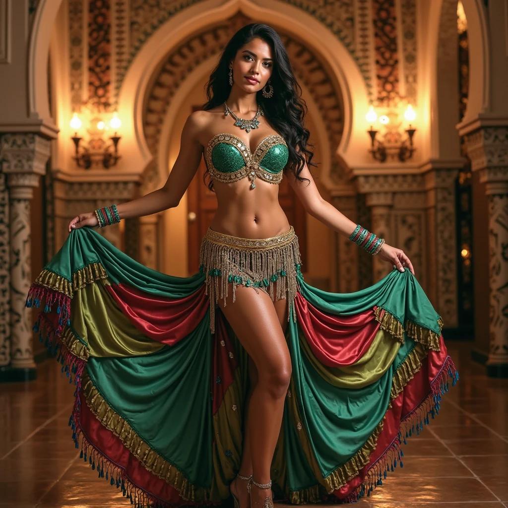 A captivating belly dancer, a young and slender Honduran Latina woman with tanned skin and cascading black hair, gracefully poses in an opulent, Middle Eastern-inspired setting. Her attire is a stunning ensemble of vibrant colors and intricate details, reminiscent of traditional belly dance costumes. She wears a shimmering green and gold small bra-styled top adorned with sequins and embellishments, accentuating her curves. A flowing skirt composed of layered fabrics in rich hues of green, red, and blue drapes elegantly around her, creating a dynamic and fluid silhouette. The skirt is complemented by a detailed narrow gold belt with dangling fringe, adding to the exotic allure. 

Her pose is poised & expressive, with one arm extended outward, holding the edge of her skirt, while the other arm rests gently on her hip. This stance exudes confidence & grace, capturing the essence of movement & rhythm, & revealing her legs in entirety. Her jewelry includes large hoop earrings, delicate necklaces, & colorful bangles that glint under the warm, ambient lighting. The background features ornate architectural elements, such as arched doorways & hanging lanterns, evoking a sense of grandeur & mystery. The overall atmosphere is warm & inviting, with soft, golden light illuminating the scene, enhancing the richness of the colors & textures. She has a very slight knowing smile on her face.
Artist Influences & Styles: Influences : The artwork draws inspiration from classical belly dance photography, blending elements of traditional Middle Eastern art with modern photographic techniques. use of vibrant colors & intricate details echoes the works of photographers Steve McCurry & Richard Avedon, known for their vivid storytelling & attention to cultural aesthetics.
Styles : combines realism with touch of romanticism, capturing elegance & sensuality of belly dancing. also incorporates elements of fantasy & exoticism, reminiscent of Renaissance paintings celebrating beauty & movement.