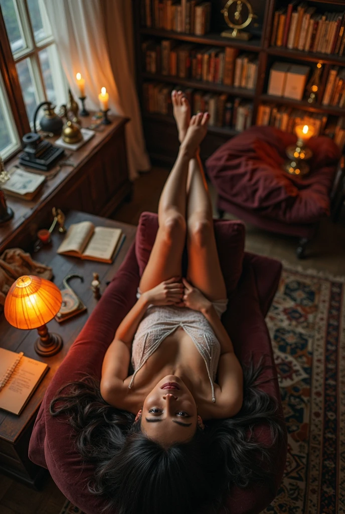 1girl, ((solo)), ((consistent face and image)), her name is Zaira, (Lebanese woman), mature, ((25 years old)), black hair, straight long hair, (Lebanese nose), (((hazel eyes))), (slim), (ordinary Lebanese), (((upper body and upper legs)), ((full nudity)), (background: house library), leaning back\