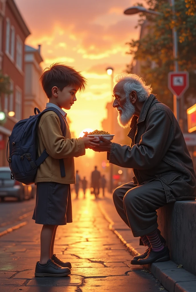 Image of a child on the street outside a park giving a coin to a homeless man