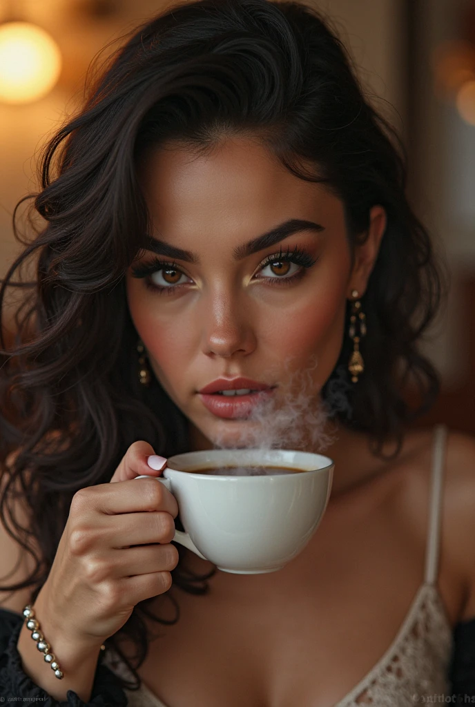 (photorealism: 1.2), beautiful woman ((dark brown skin)), sitting at a small breakfast table in her apartment, wearing sensual pink ((baby doll)) pajamas, araffe woman with curly hair, tanned ameera al taweel, imaan hammam, beautiful latin face, beautiful beautiful woman, she has ((dark brown skin)), beautiful woman, ((dark skin)) flawless, beautiful mexican woman, most beautiful woman in the world, beautiful tanned mexican woman, beauty jaw-dropping, Photoshop image quality, drinking ((sipping)) hot chocolate with a tall china cup, natural lighting, with natural ambient sunlight, cozy kitchen, cozy and relaxed pose, realistic and intricate details, warm colors , by Greg Rutkowski, by Alphonse Mucha