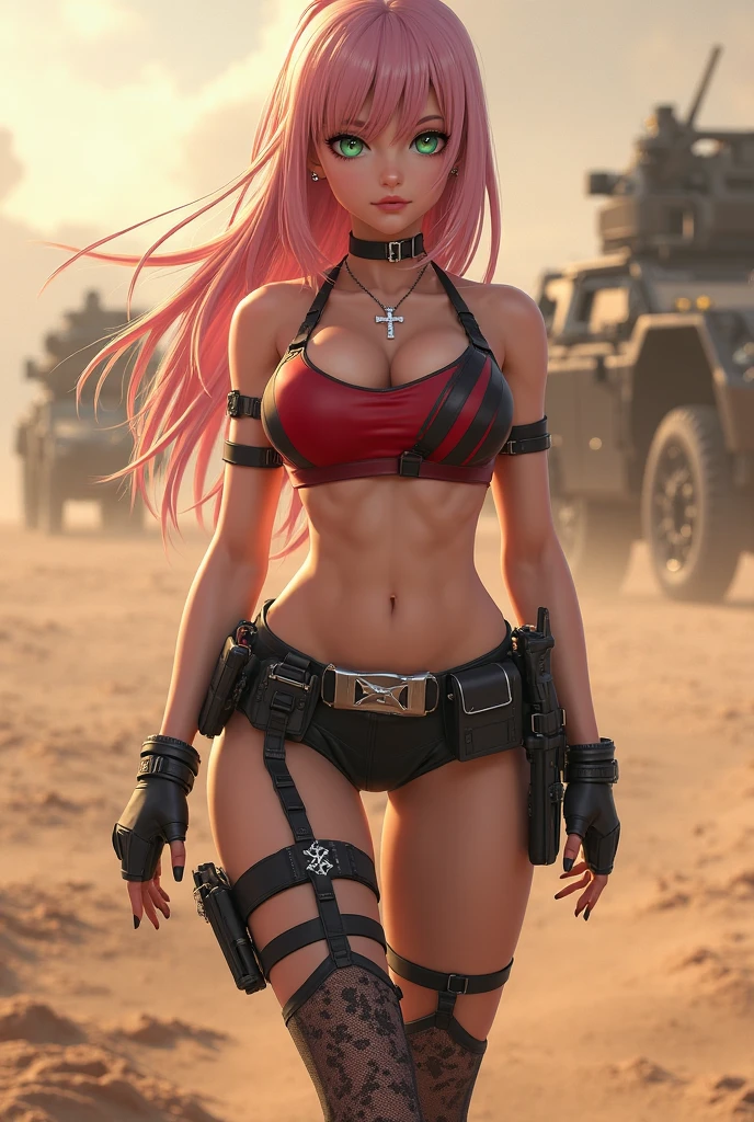 "(Masterpiece, best quality, ultra-detailed), a seductive and captivating Megan Fox with light pink bikini and pink hair, under (erotic lighting:1.1), sitting on sand dunes,(desert:1.1), holding a bazooka, posing confidently."