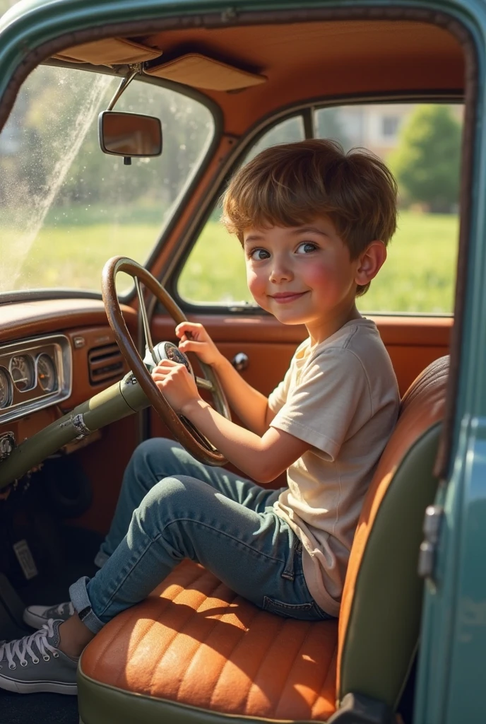 retro:1.3, boy sitting in a park:1.3, reflecting:1.3, environment in earth and cyan colors, punk, thoughtful, vintage cars in the background:1.3、retro lighting, ((Imaginative scene)), (( very detailed: 1.4 ), (( Masterpiece )), ( Hyper-detailed and beautiful: 1.3), ( Photorealistic: 1.4), 8k.