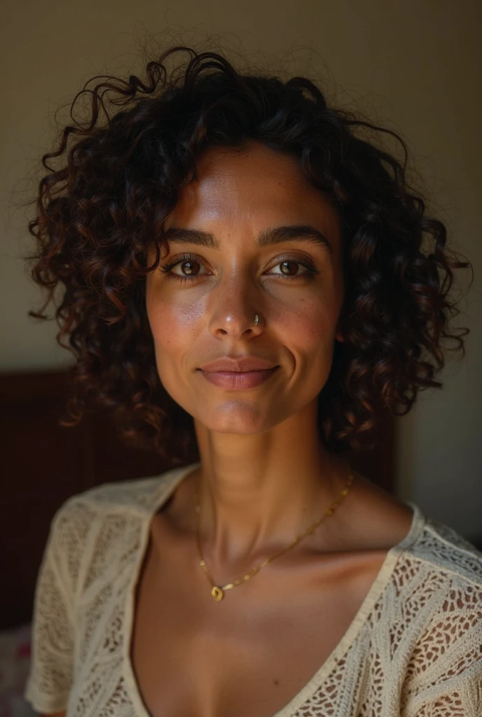 portrait of a real estate brazilian teacher female midle aged with goatee, 45 anos de idade --auto