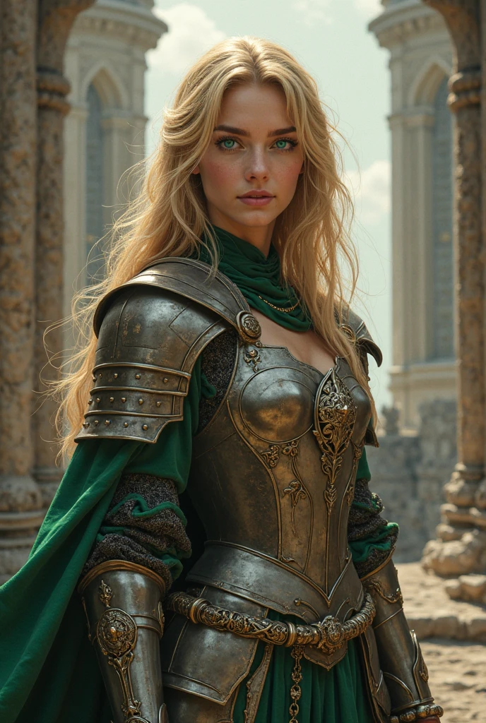 Super quality, masterpiece,Epoch elf in golden and green armour, woman, mature,medium breasts
