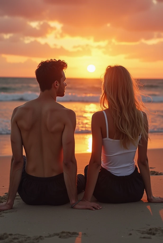 A couple sitting back to back on a beach in the sand watching the moon