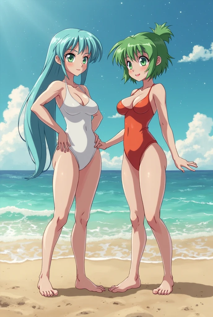 lum, bikini,(back view, lean forward, on the beach)