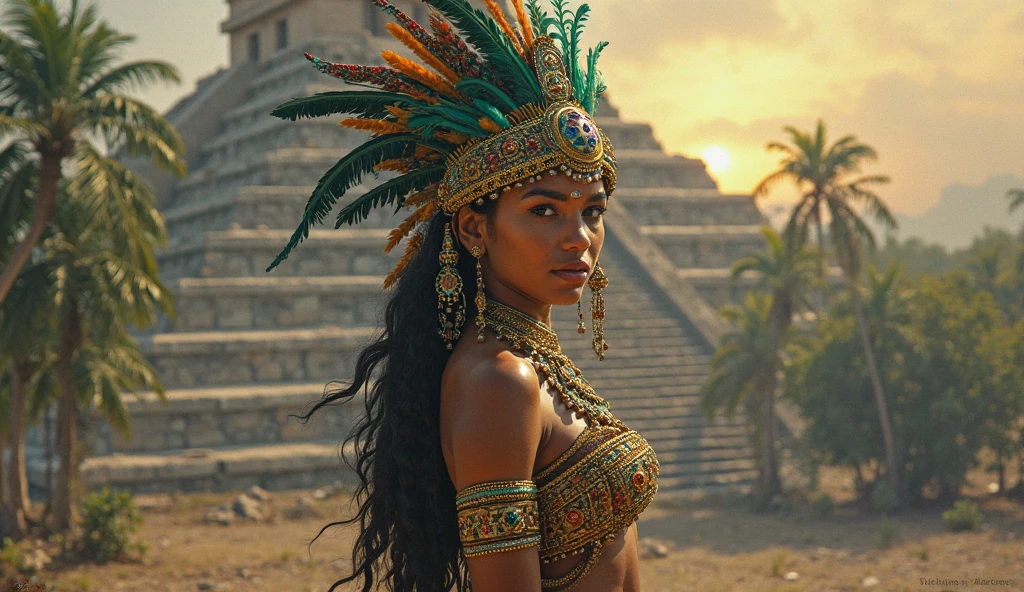 Create a Rapa Nui girl with a feather skirt and feather costume , feather top and feather crown pointing to the right