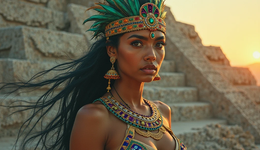 a beautiful woman wearing azteca outfit,  ((((high detailed skin)))), [[[freckles]]], 8k, sharp focus, 