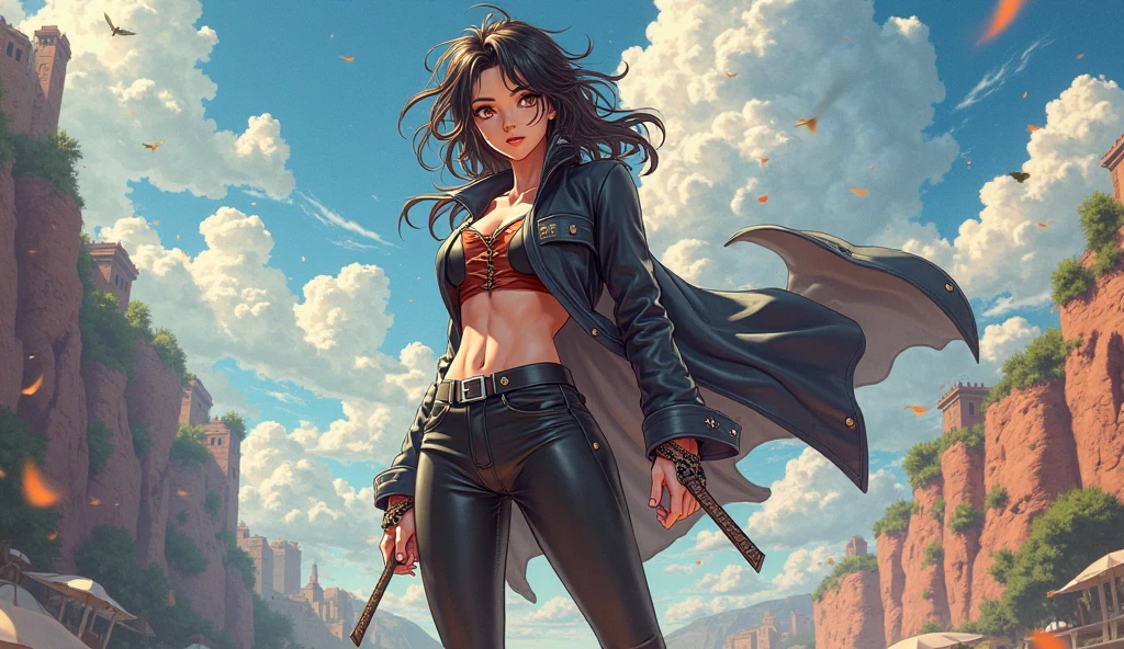 (((masterpiece, best quality, high resolution)))), Extremely detailed 8K, (mature female:1.5) (Ultra HD, Ultra-detailed, Highly detailed, Highly realistic, Ultra-realistic, photograph realistic), (1girl:1.5), (solo:2), (very cute), black hair, (long Thick hair) (pale skin) long wavy hair, black eyes, smile, parted lips, happy, (large breasts:1.2), cute face, freckles, cowboy shot, dynamic pose, desert background, rocks, wasteland, (mad max style:1.3), desert punk, ((Shabby clothing) wasteland clothes, leather jacket, cleavage, (bodypaint), lowered military pants, black bandana, Bare belly,) a desert survivor, dreary atmosphere, apocalyptic war, dirty hair, Bodypaint, smoke, (donamic poses)