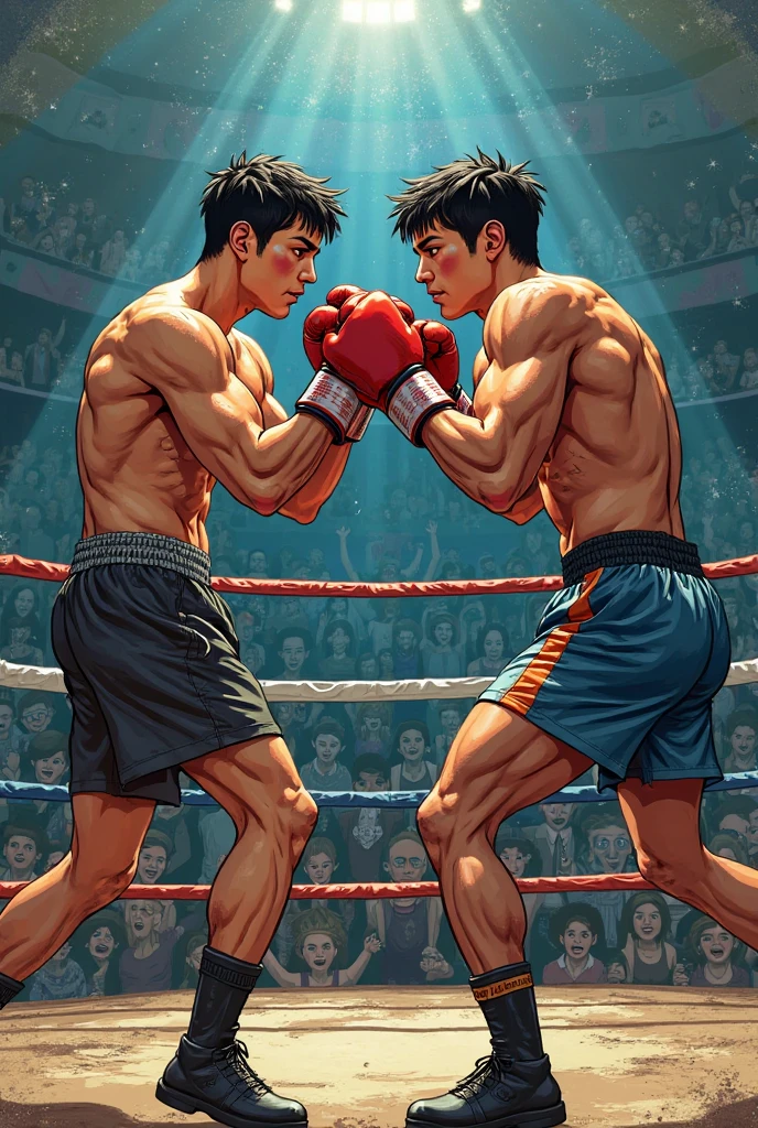 A boxing match, professional fighters, intense action, powerful punches, adrenaline-filled atmosphere, sweat and blood, intense focus, dramatic poses, dynamic movements, boxing ring, crowd cheering, boxing gloves, knockout punches, determination and resilience, boxing championship, championship belt, corner man giving instructions, referee maintaining order, fast-paced rounds, victory celebration, high-energy sport, competitive spirit, boxing techniques, precision footwork, defensive maneuvers, knockout blow, explosive power, boxing legends, boxing history, classic boxing match, iconic moments, black-and-white photography, dramatic lighting, gritty atmosphere, intense emotions, roaring crowd, glory and defeat, physical strength, mental toughness, sportsmanship, sportsmanship, strategy and tactics, professional athletes, peak physical condition, sports rivalry, dedication and discipline, explosive energy, flurry of punches. (best quality, highres, ultra-detailed), (realistic,photorealistic), vibrant colors, dynamic composition, dramatic shadows and highlights, energetic brushstrokes, captivating artwork.