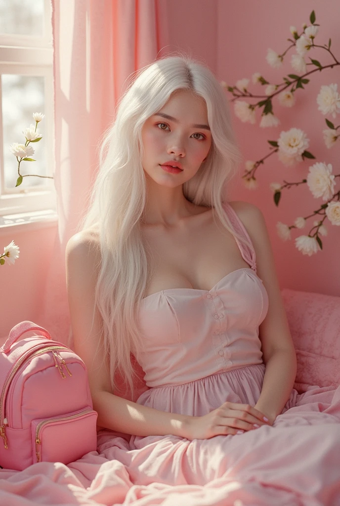 A woman with half white and half black hair wearing a dress under a pink table