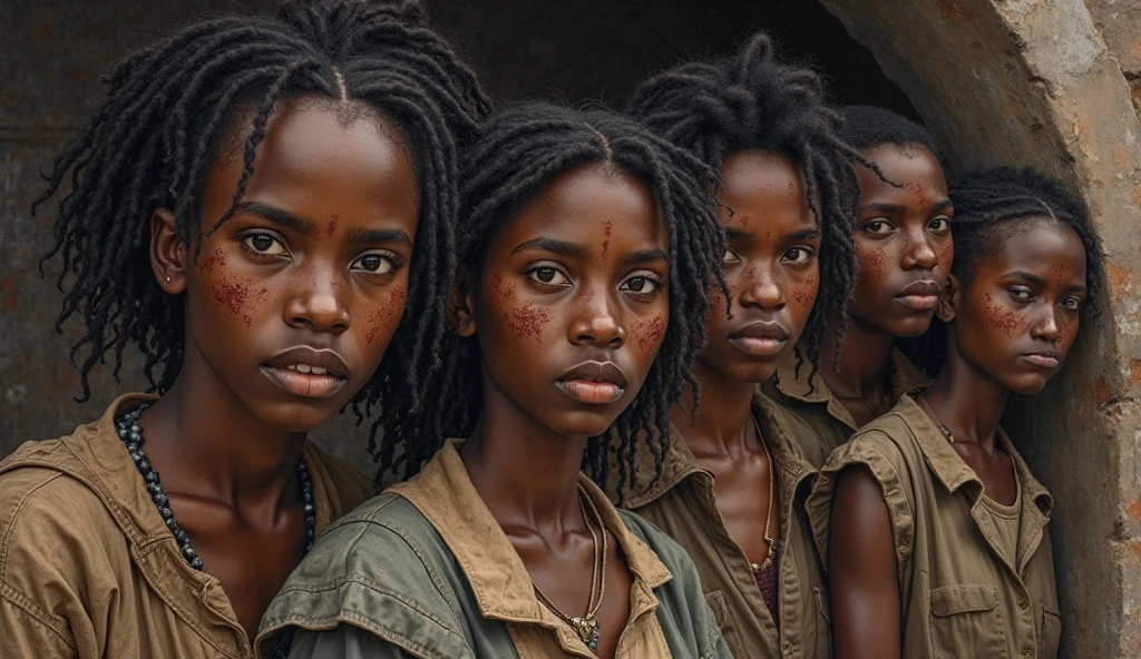  Portrait peasant slave African  girls dressed in  canvas torn shirts and  barefoot , sweaty hair, tanned, beautiful but unhappy, tired of slavery 
