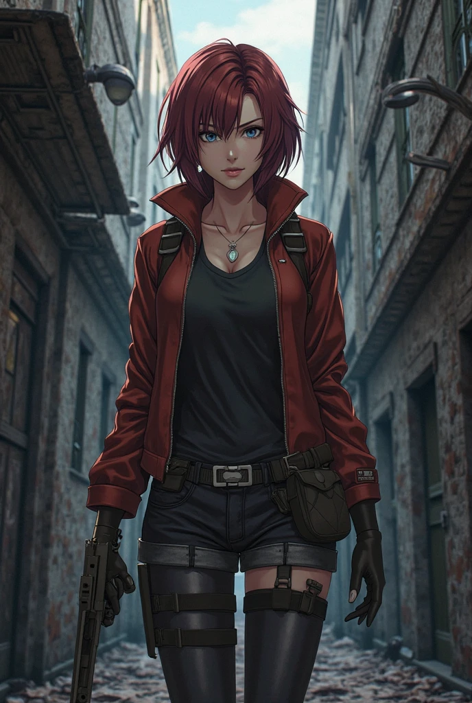 (highly quality, work of art, detailded), burning city detailded scenario, burning city detailded background, gray jeans, waist belt, red leather jacket, mitts, Phoenix symbol on chest, red leather pants, sitting on top of a building, へそ, face perfect, gorgeous eyes, gazing at viewer, pose sexy