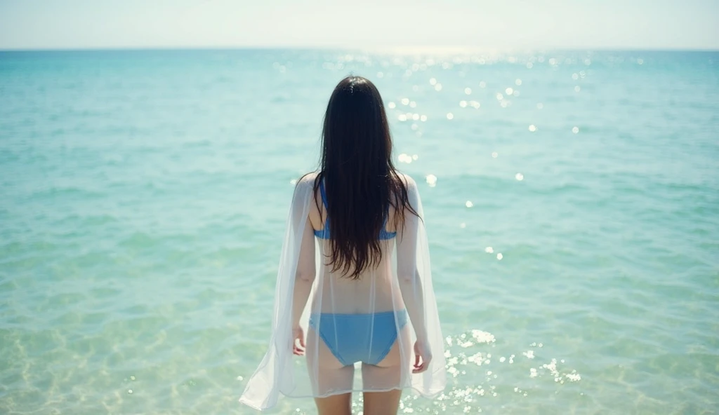 Generates an image of a girl with her back turned in the sea