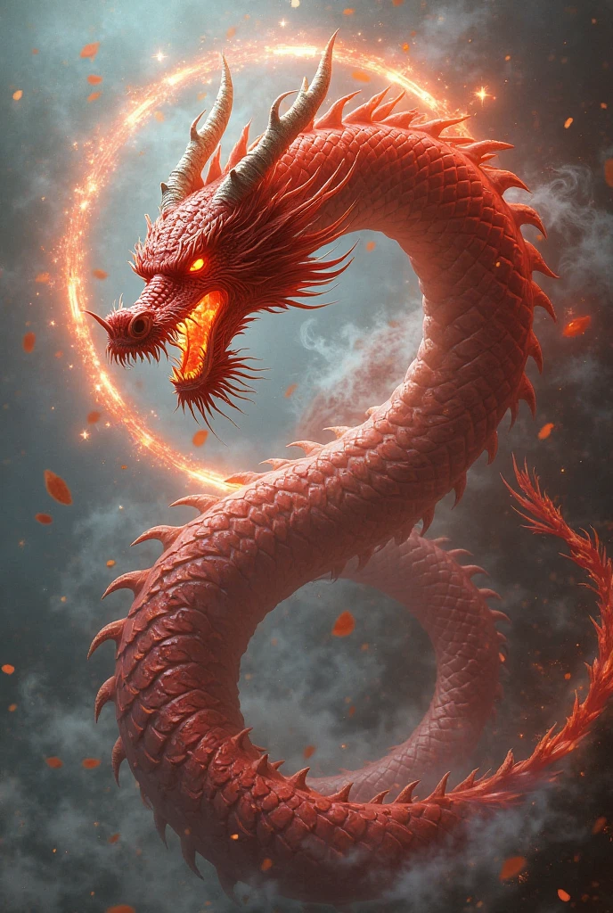 An oriental dragon。red。
The background is floating in the black sky。There is a thick fog。night。
Sharp eyes、It is shining now。At the peak of the volcano。