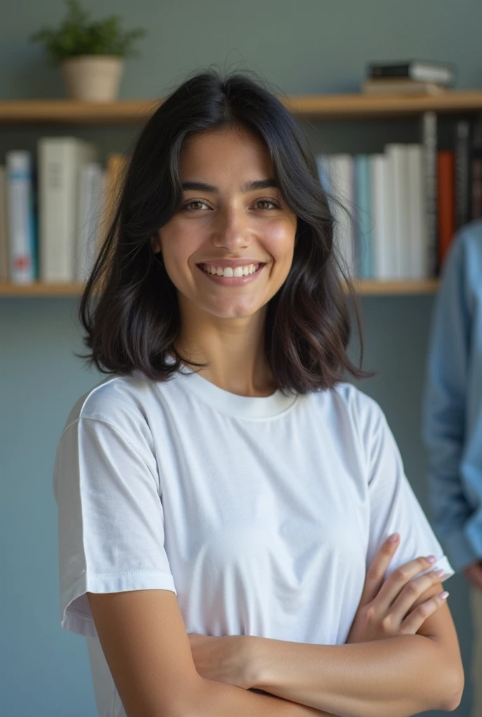 smiling young brazilian woman on sunny summer day wearing black round neck cotton t-shirt with waist belt in a room with books