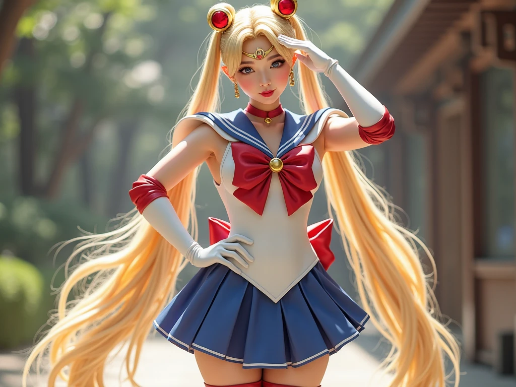 (masterpiece, best quality:1.4), (standing:1.5), (full body:1), (dynamic pose:1), 1girl, solo, (european youth:1), aausagi, (double bun:1.5), (twintails, parted bangs, circlet, tiara with a red stone, sailor senshi uniform, jewelry, earrings:1.5), (blonde:1.2), (choker, red bow, white gloves, elbow gloves, blue skirt:1.2), (blue skirt:1.2) inocent smile, looking at viewer, beautifull smile, beautiful face, highly detailed face, highly detailed eyes, highly detailed skin, skin pores, subsurface scattering, realistic pupils, full face blush, full lips, detailed background, depth of field, volumetric lighting, sharp focus, absurdres, realistic proportions, good anatomy, (realistic, hyperrealistic:1.4), moon background, nightlight 16k hdr,