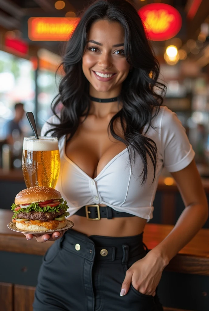((a disappointed waitress is holding a tray of food, wearing bikini top and skimpy denim shorts and cowboy boots, in a busy restaurant)),<lora:waitressV2:0.75>,