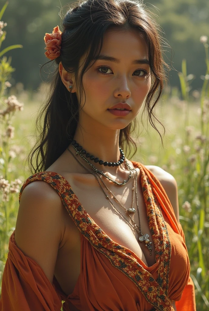 Imagine a hippie woman with straight black hair and bangs, wearing a beautiful floral dress, with bracelets and necklaces at the Woodstock festival in 1968