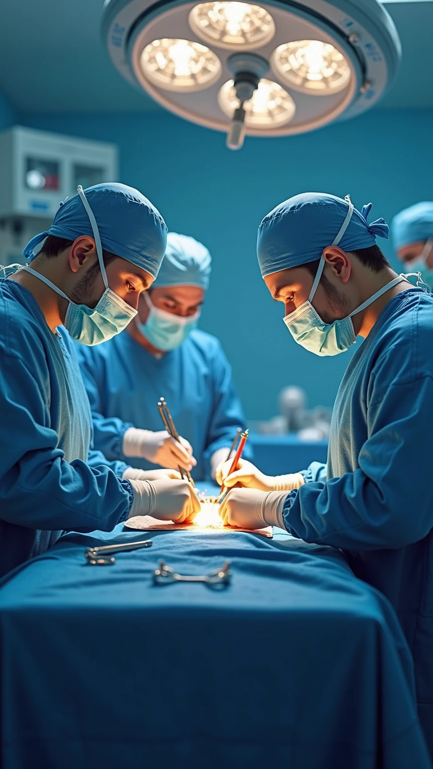 Team of surgeons in blue lab coats and masks performing surgery under a ...