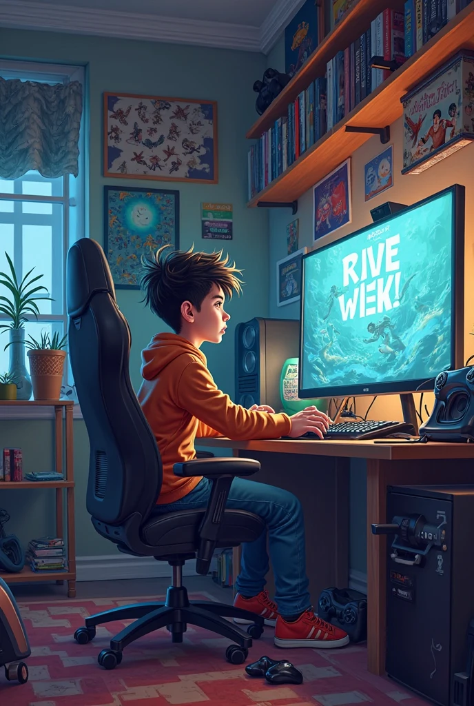The poster features a bright image of a school boy, displaying excitement and anticipation. The child holds a joystick of a computer game and looks at the monitor, where the icons of various stages of game development are visible. smartphone photo, left or right side view, close up view