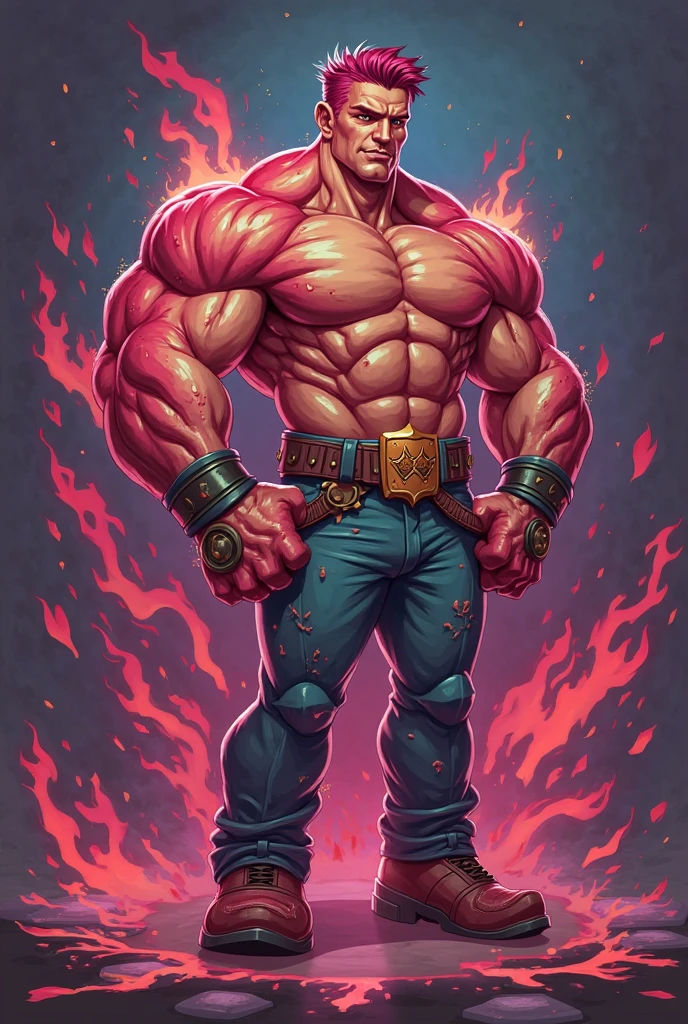 A man with light blue skin, highlighted by purple and green stripes on his muscular body. He is wearing boots and a pair of leather shorts, displaying his strength and robustness. Its head is that of an imposing bull, with large horns that radiate yellow and red flames, adding a touch of power and energy. Put it inside an old workshop, filled with old, worn-out cars, with tools scattered around. Explore the rough textures of the environment and create a contrast between the character's imposing appearance and the worn-out setting of the workshop. Convey your determination and vigor through your confident posture., Surrealism, high detail, ray tracing, drop shadow, speed lines, vanishing point, UHD, retina, masterpiece, award winning, 8k, best quality, high details
