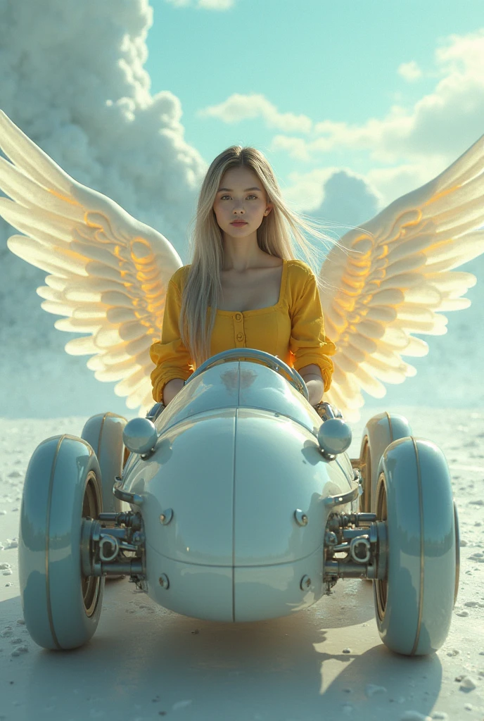 Angel with crown and silver dress in the sky of the mountain riding airplane